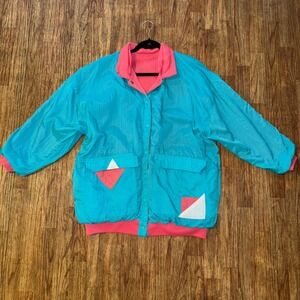 Vintage Reversible Jacket 90s Colorblock Bomber Teal Pink Windbreaker Ski